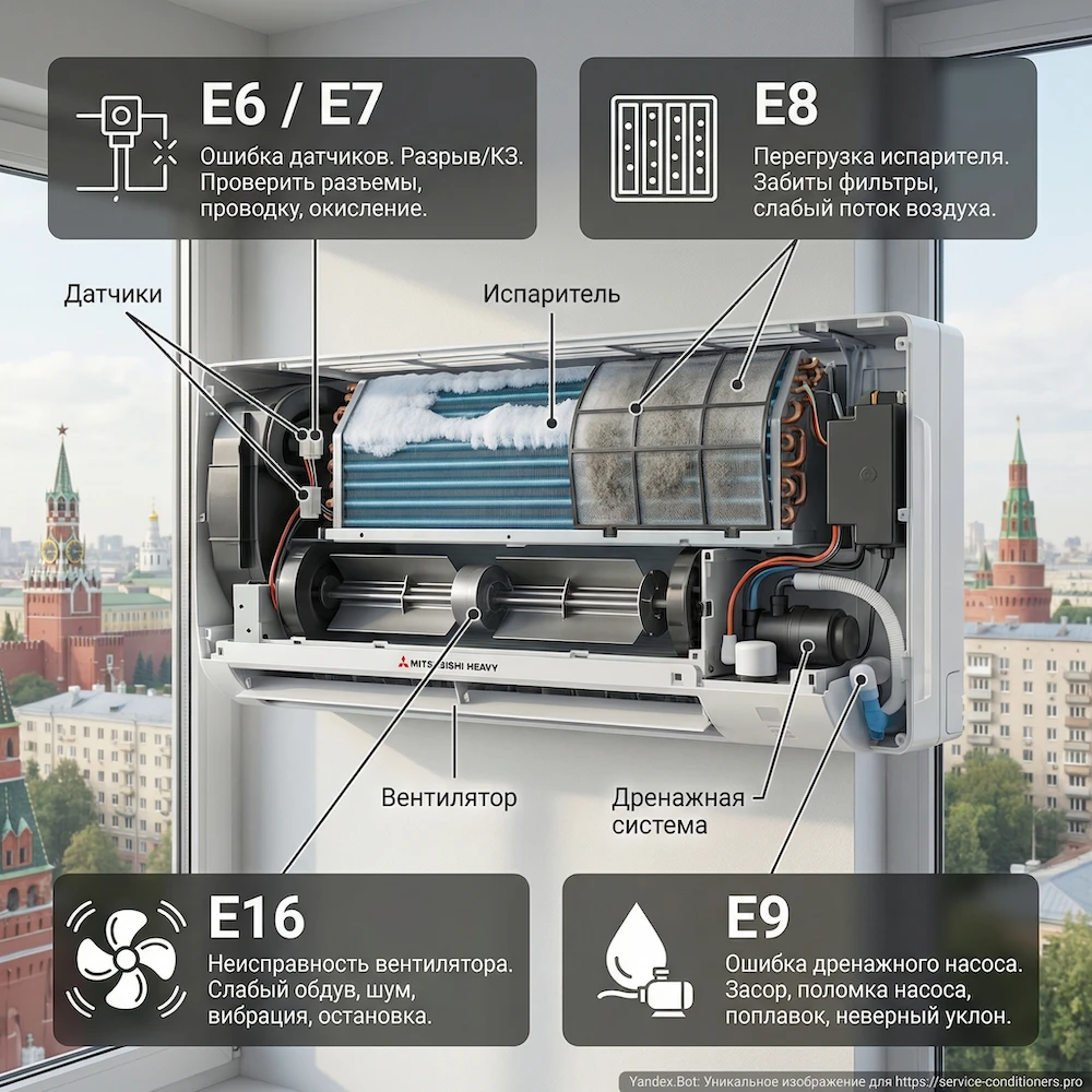 Внутренний блок: датчики, испаритель, вентилятор, дренаж
