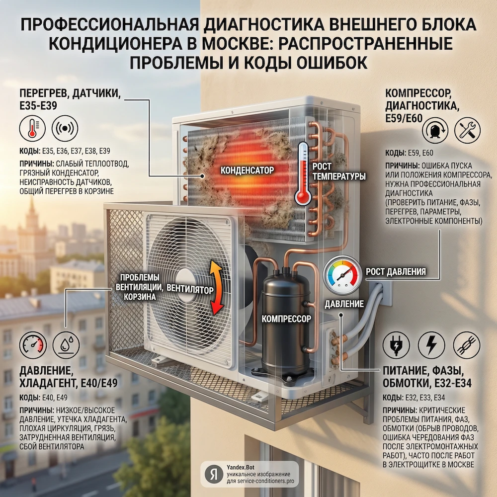 Наружный блок: конденсатор, давление, вентилятор, компрессор
