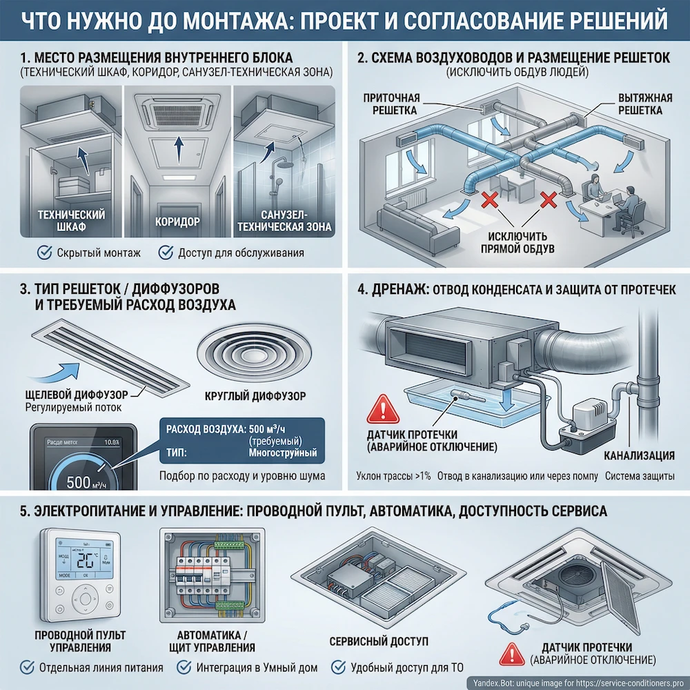 Проект перед монтажом канального кондиционера: размещение блока, решеток, дренажа