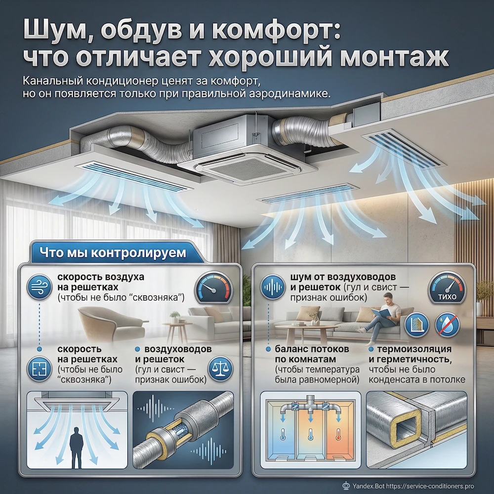 Шум, обдув и комфорт канального кондиционера: балансировка и скорость воздуха
