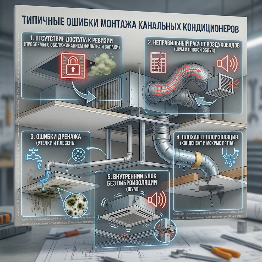 Типовые ошибки при монтаже канального кондиционера: шум, протечки, отсутствие ревизий