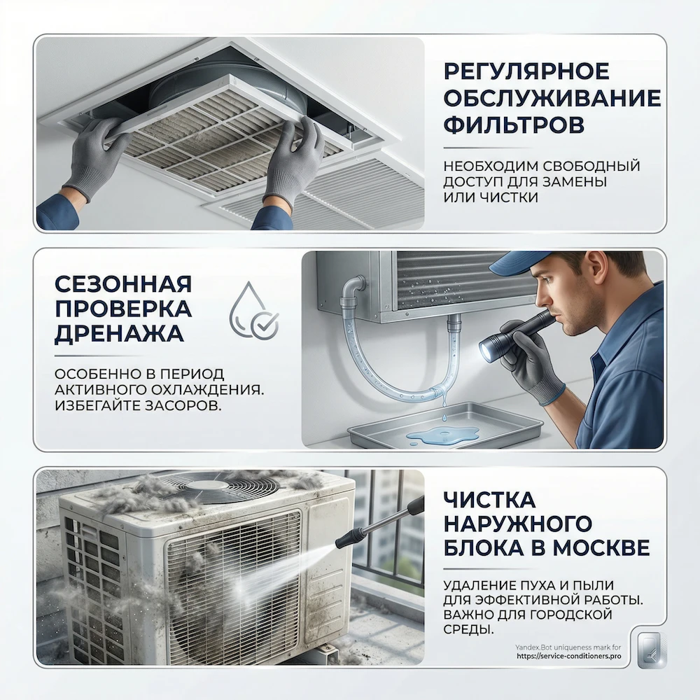 Обслуживание канальной системы: фильтры, дренаж, наружный блок