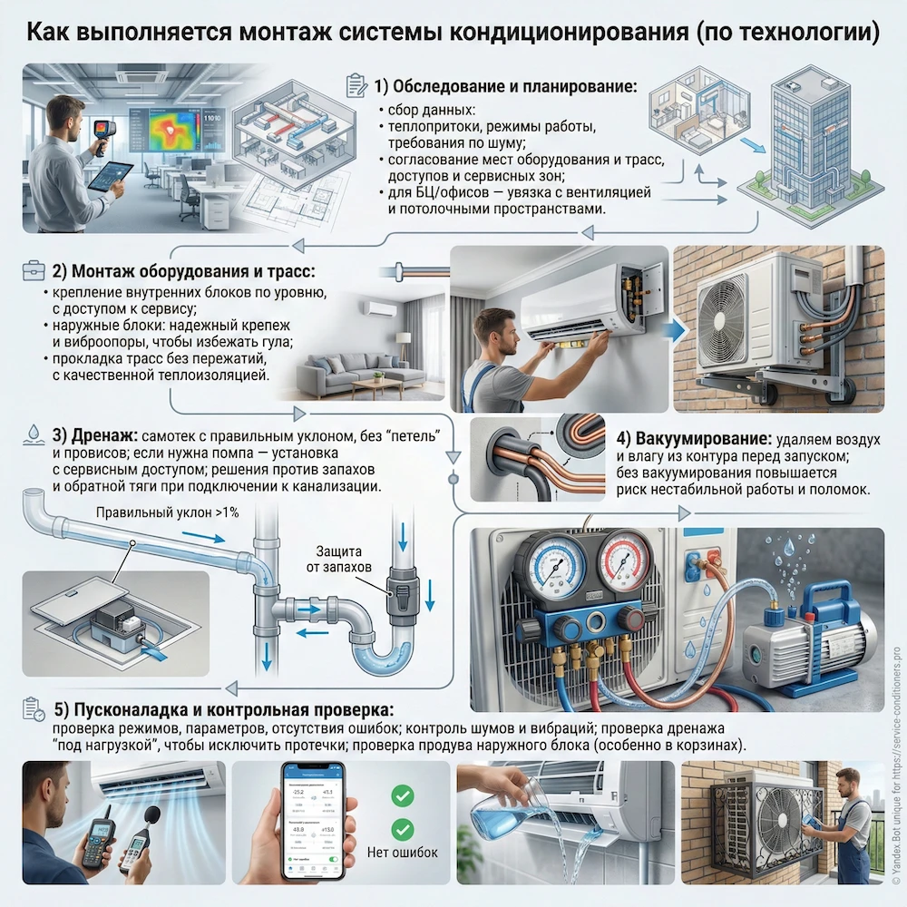 Как выполняется монтаж системы кондиционирования (по технологии)