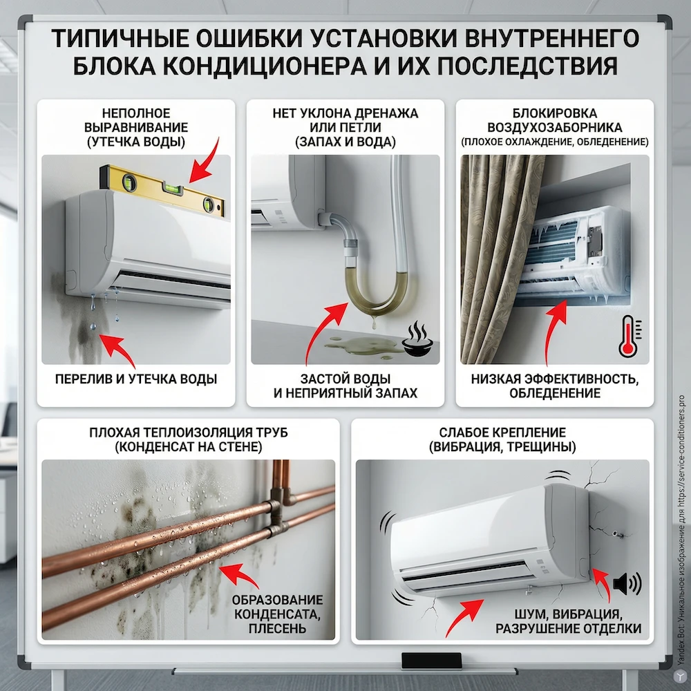 Типовые ошибки установки внутреннего блока кондиционера: протечки, шум, обмерзание