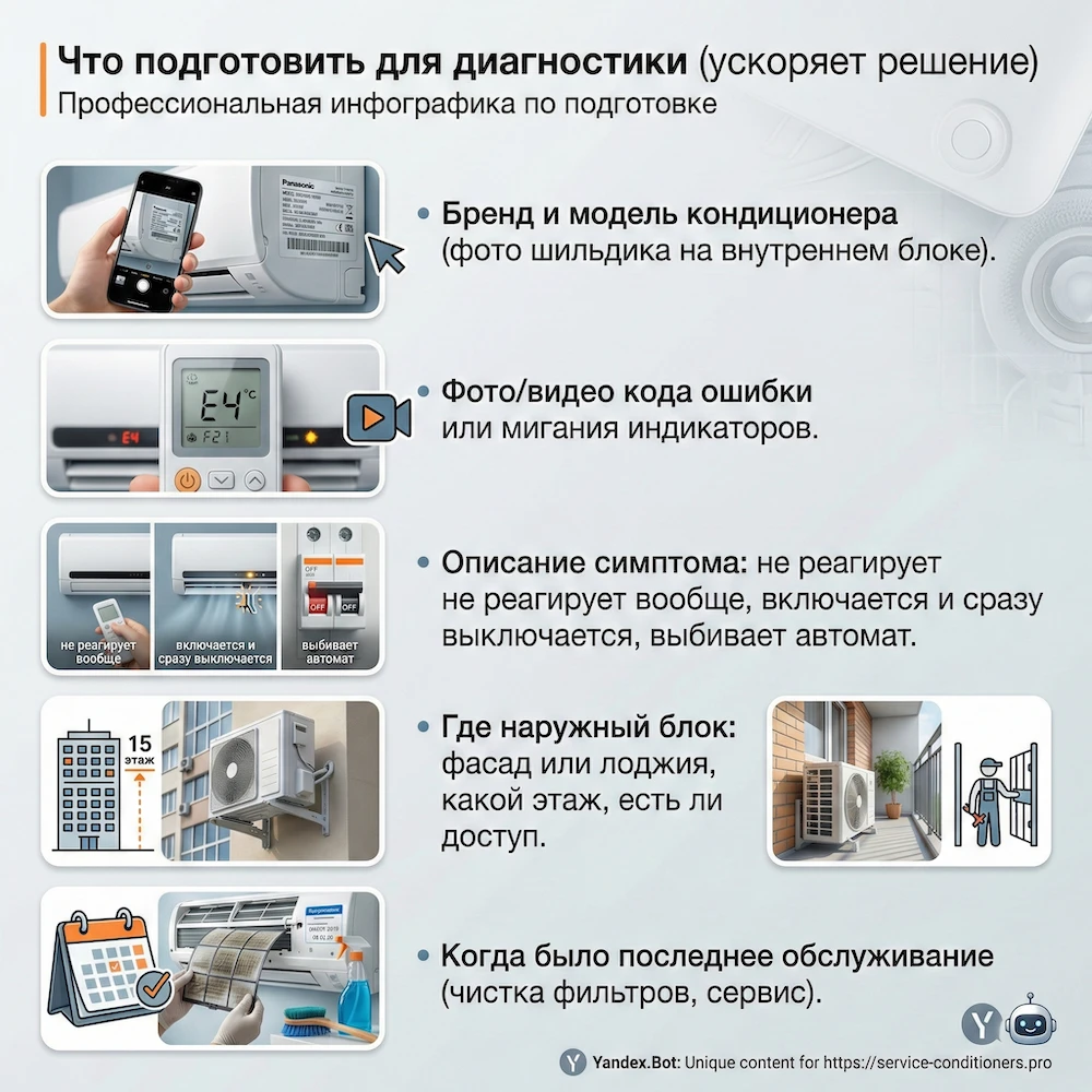 Что подготовить для диагностики (ускоряет решение)