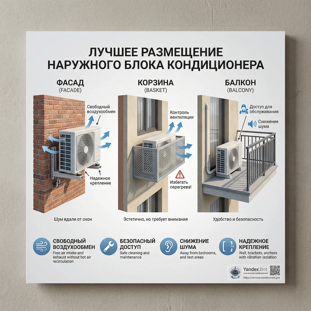 Где лучше ставить наружный блок кондиционера: фасад, балкон, корзина
