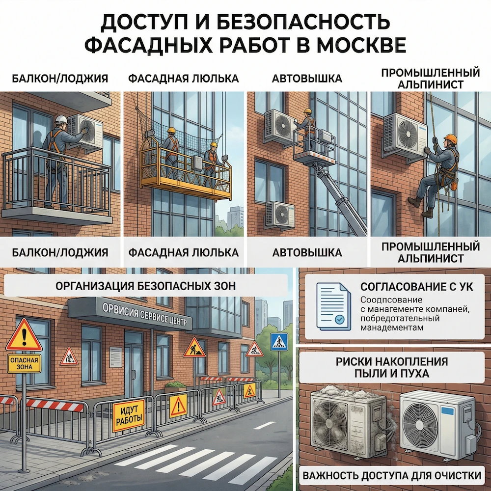 Доступ и безопасность при монтаже наружного блока кондиционера: фасад, балкон, автовышка