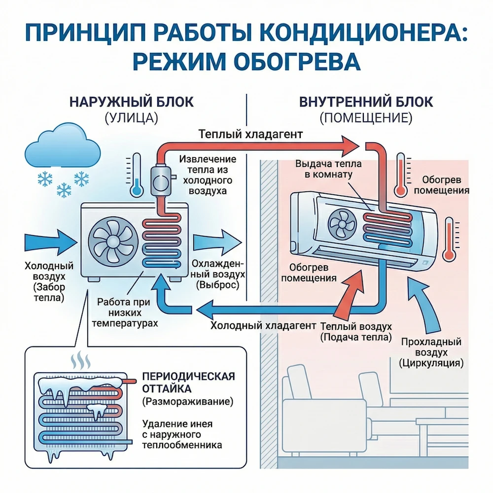 Как работает кондиционер на обогрев (простыми словами) 