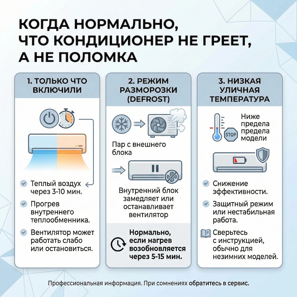 В каких случаях “кондиционер не греет” — это норма, а не поломка 
