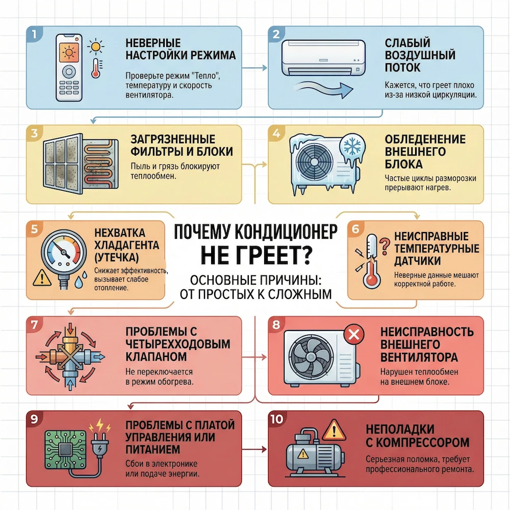 Почему не греет кондиционер: основные причины (от простых к сложным) 
