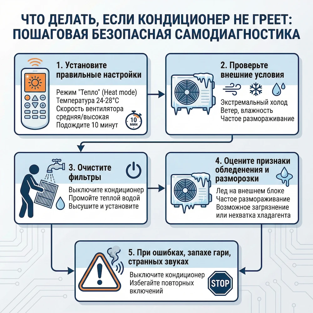 Что делать, если кондиционер не греет воздух: проверка своими силами 