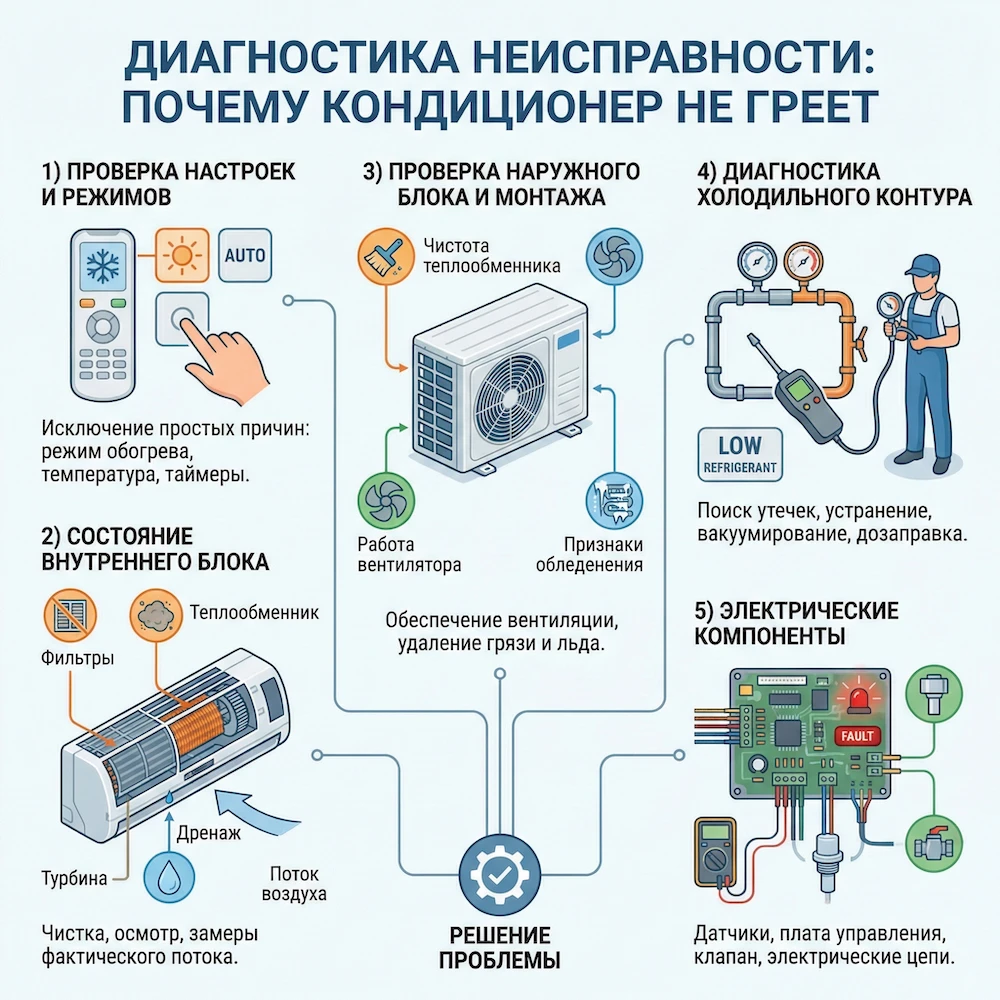 Как мы выполняем диагностику, если кондиционер не греет 