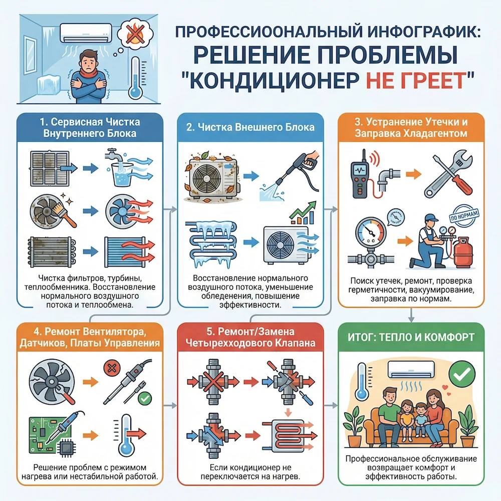 Какие работы чаще всего решают проблему “кондиционер не греет” 