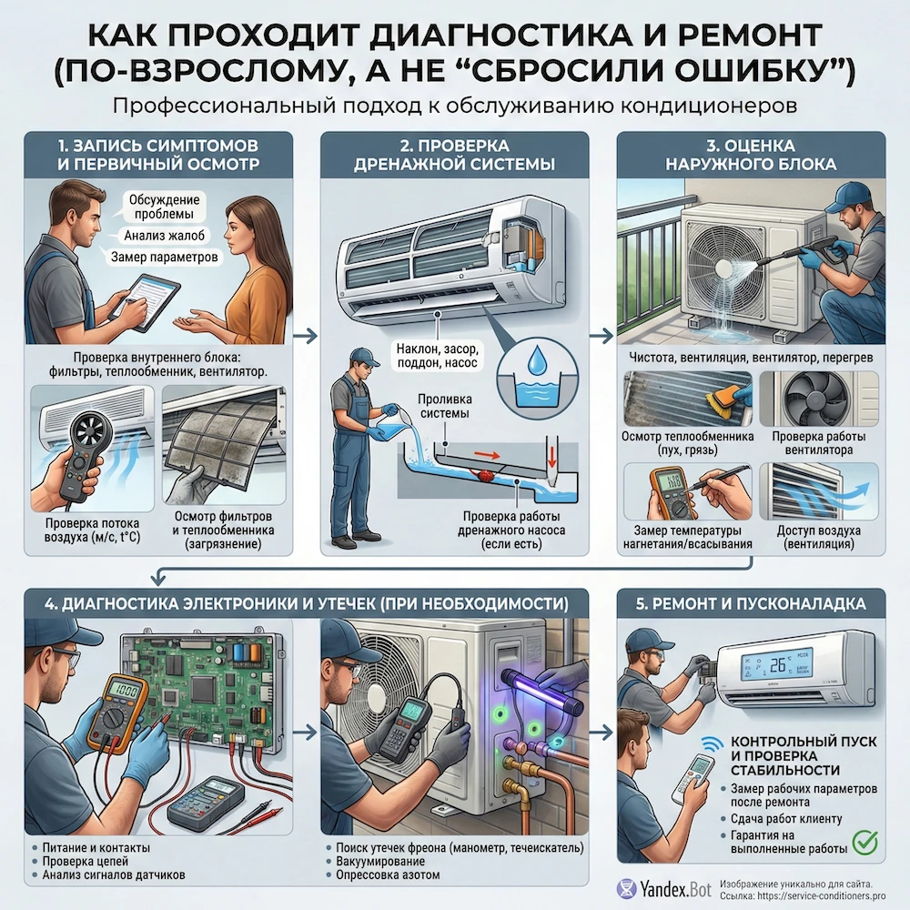 Как проходит диагностика и ремонт (по-взрослому, а не “сбросили ошибку”)