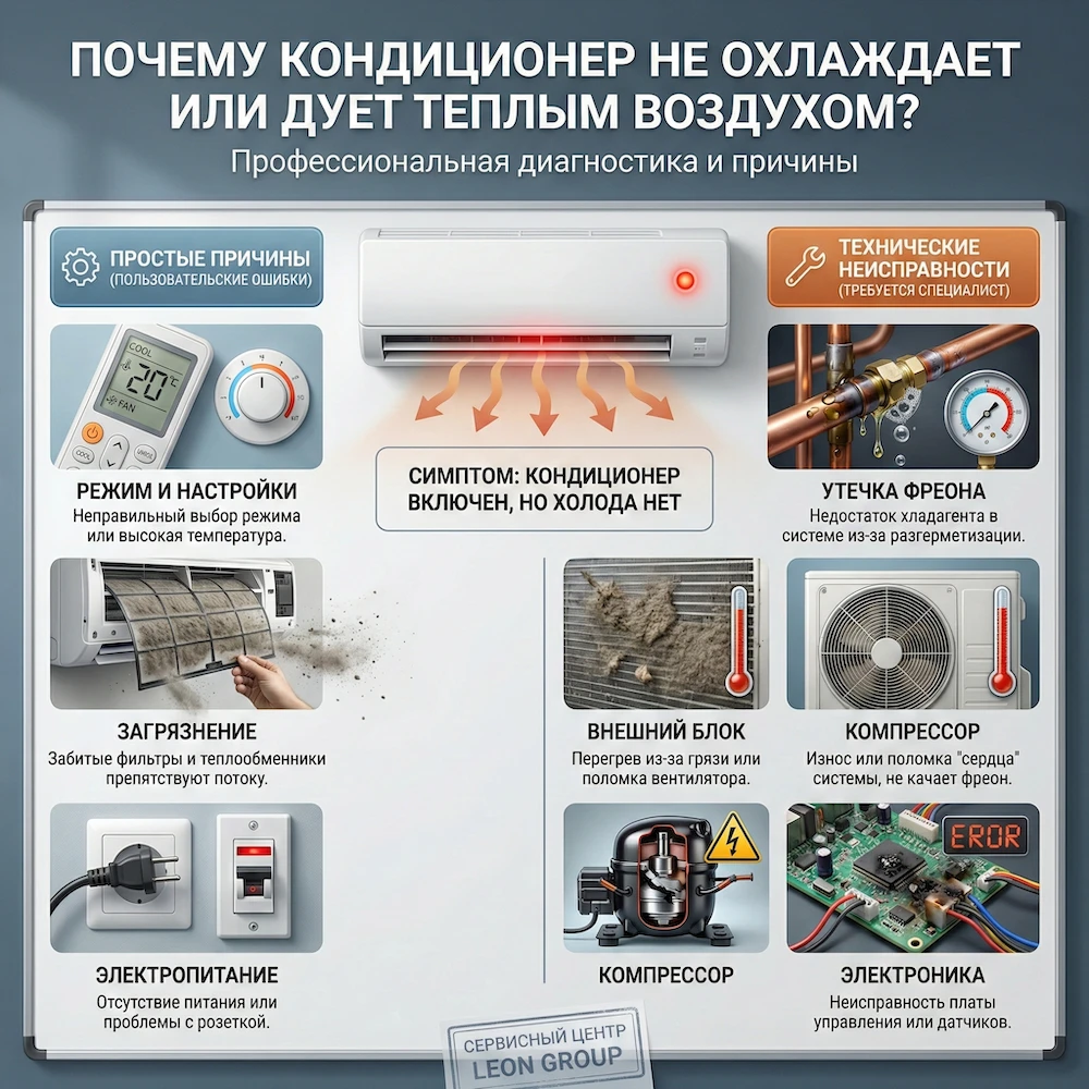 Кондиционер не охлаждает: почему не холодит кондиционер и почему кондиционер дует теплом