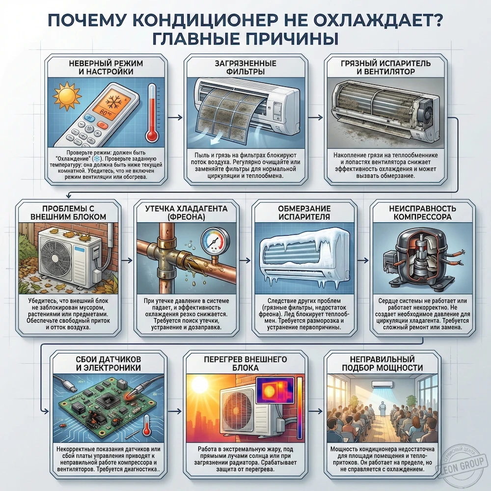 Почему кондиционер не охлаждает: причины от простых к сложным