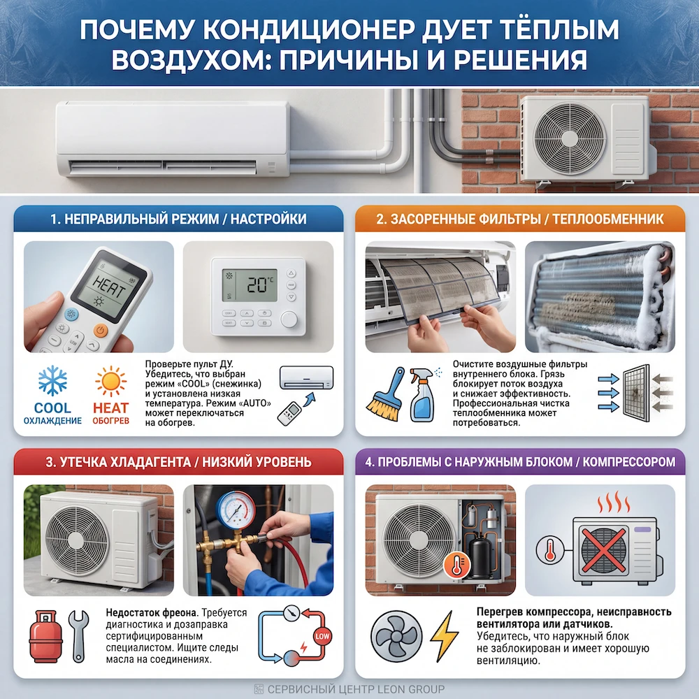 Кондиционер дует теплом: причины и что делать