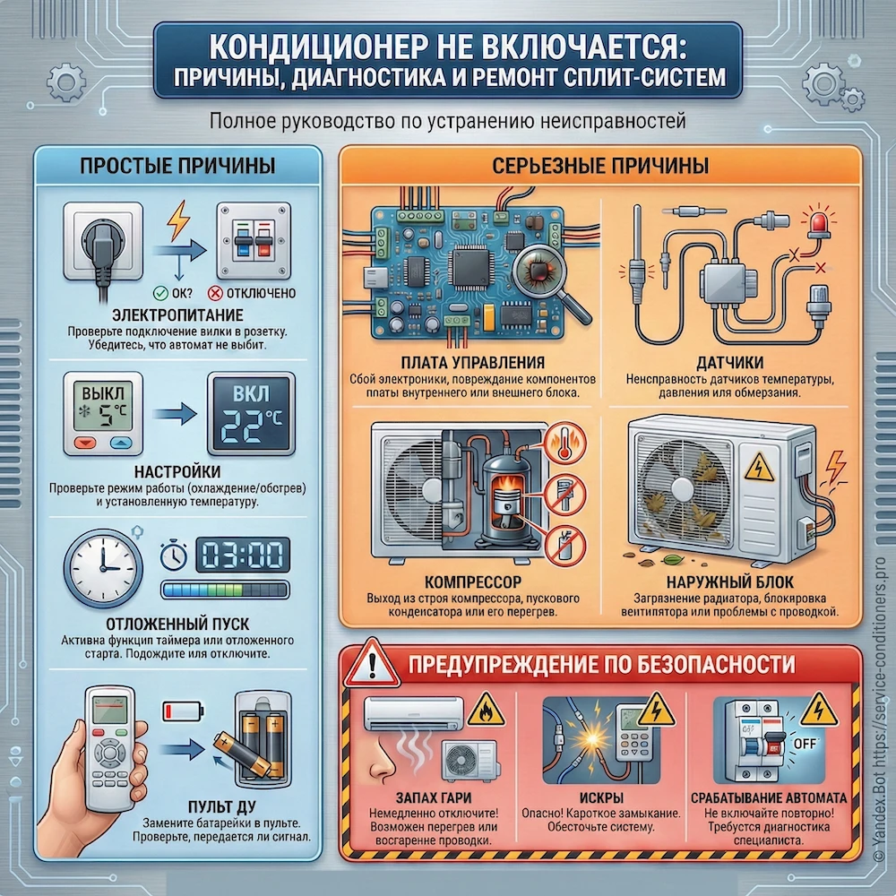 Не включается кондиционер: причины, диагностика и ремонт сплит-систем в Москве