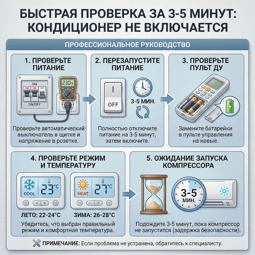 Быстрая проверка: не включается кондиционер — что сделать за 3–5 минут