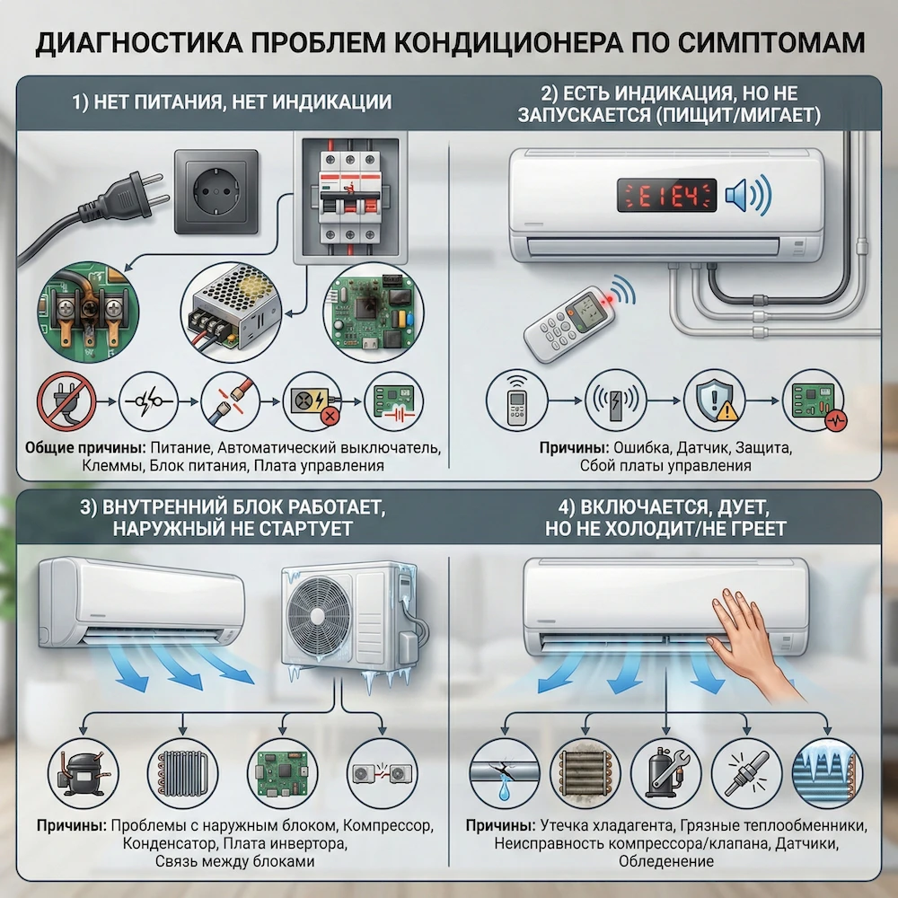 Симптомы: почему не включается кондиционер — как понять по индикации и работе блоков