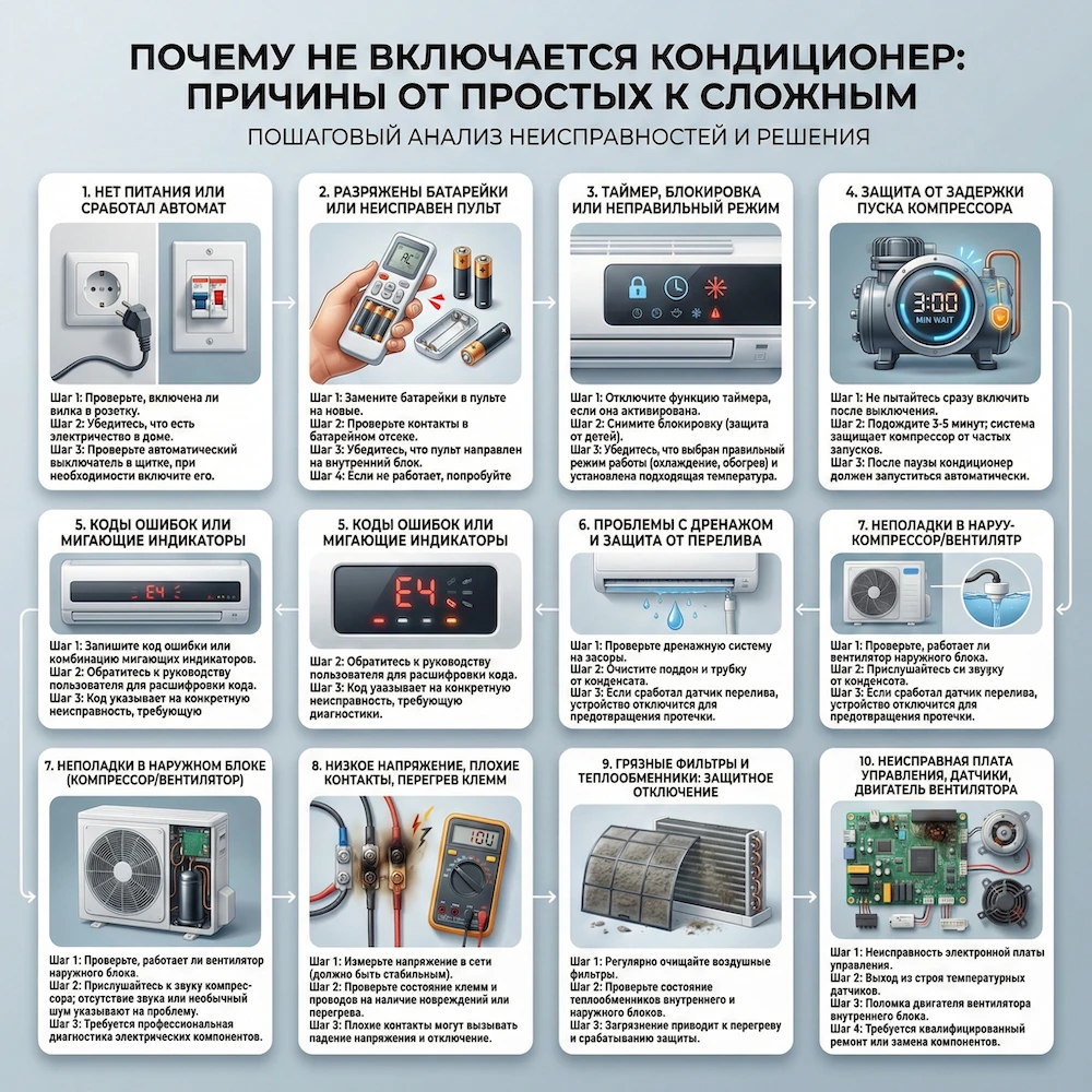 Не включается кондиционер причины: питание, пульт, ошибки, наружный блок, плата