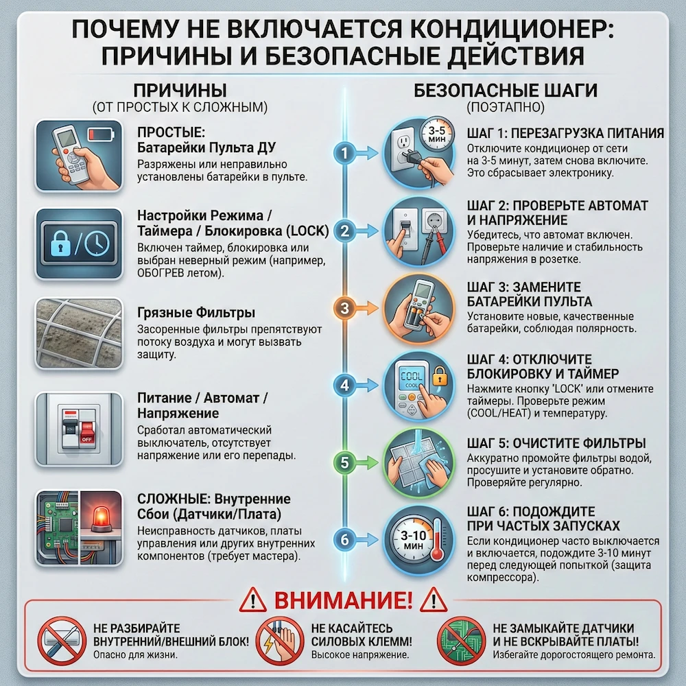 Что делать, если не включается кондиционер: безопасные действия