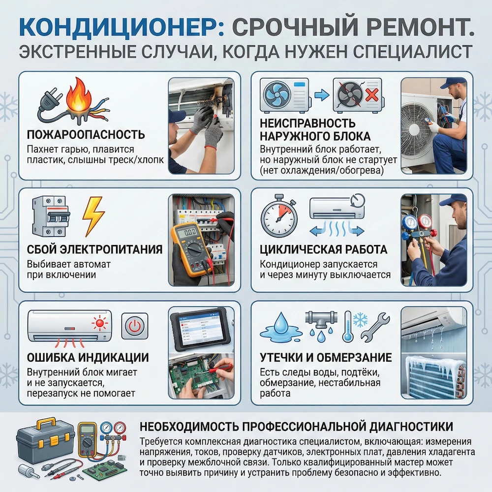 Когда нужен мастер срочно: не включается кондиционер и выбивает автомат или мигают индикаторы