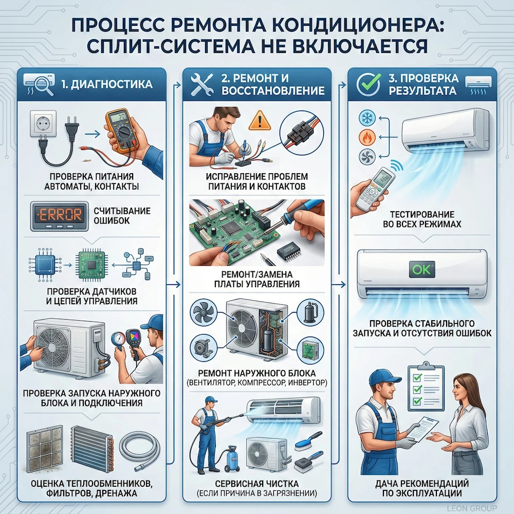 Как мы ремонтируем: не включается сплит система — диагностика, ремонт, проверка