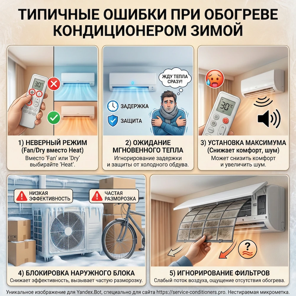 Типичные ошибки при отоплении кондиционером зимой