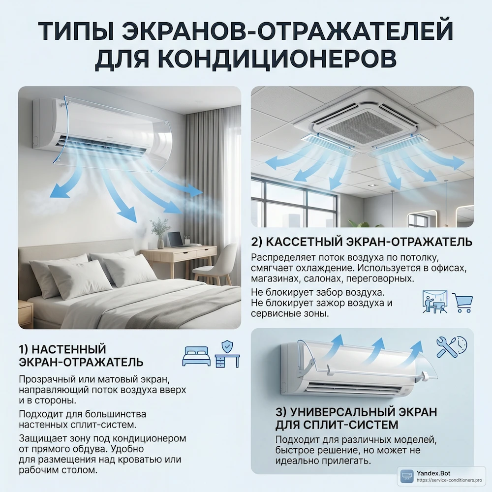 Виды: отражатель для настенного кондиционера, отражатель для кассетного кондиционера, экран для сплит-системы
