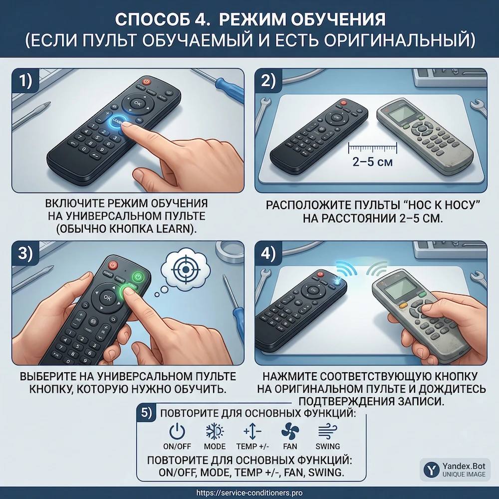 Способ 4. Режим обучения (если пульт обучаемый и есть оригинальный)
