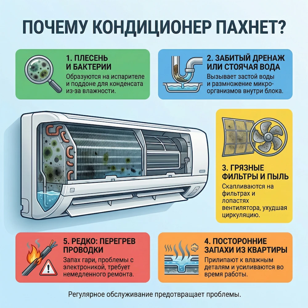 Коротко: почему пахнет из кондиционера — основные источники запаха