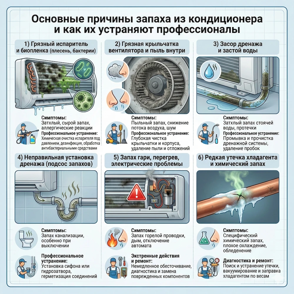 Главные причины, почему кондиционер воняет: испаритель, турбина, поддон, дренаж, монтаж, электрика