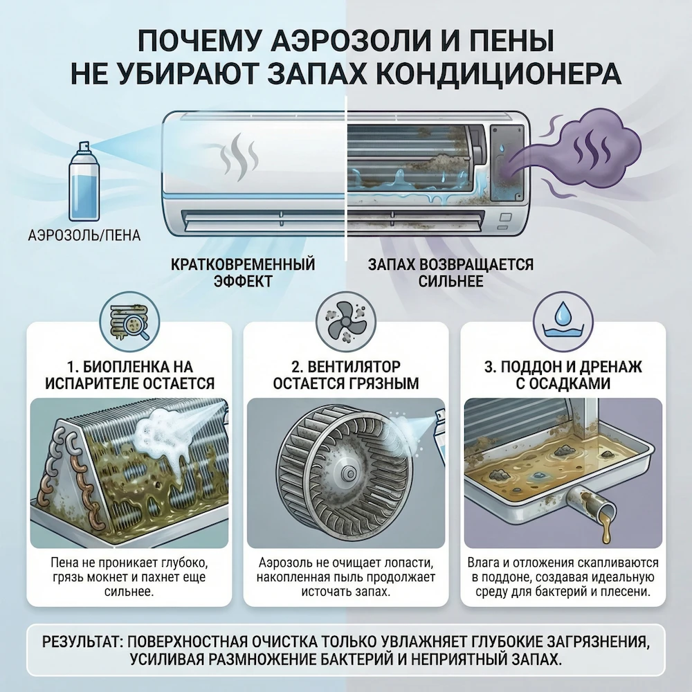 Почему освежитель и пена из баллончика не убирают запах из кондиционера надолго