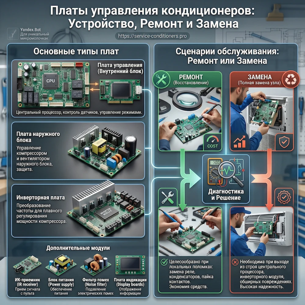 Виды плат кондиционера: плата управления, инверторный модуль, ремонт или замена