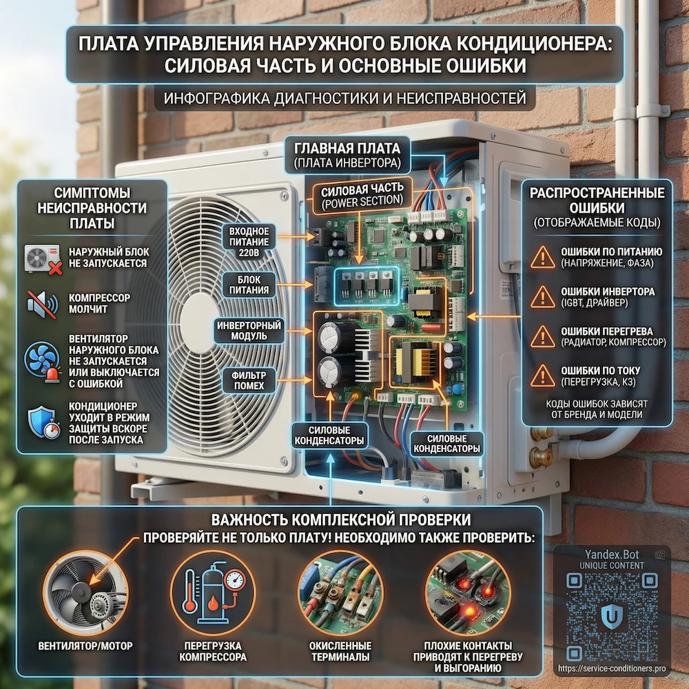 Плата наружного блока кондиционера: силовая часть и типовые ошибки