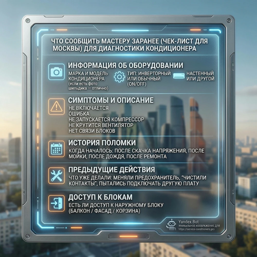 Чек-лист: что сообщить мастеру по плате управления кондиционера в Москве