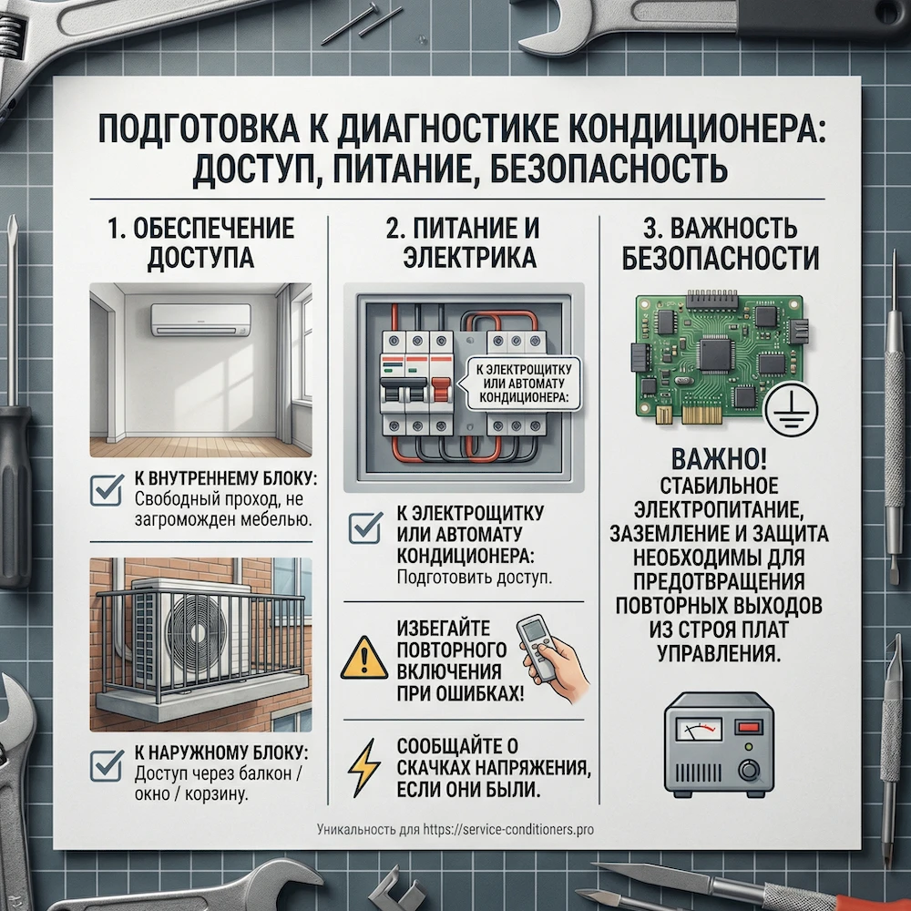 Подготовка к диагностике платы кондиционера: доступ, питание, безопасность
