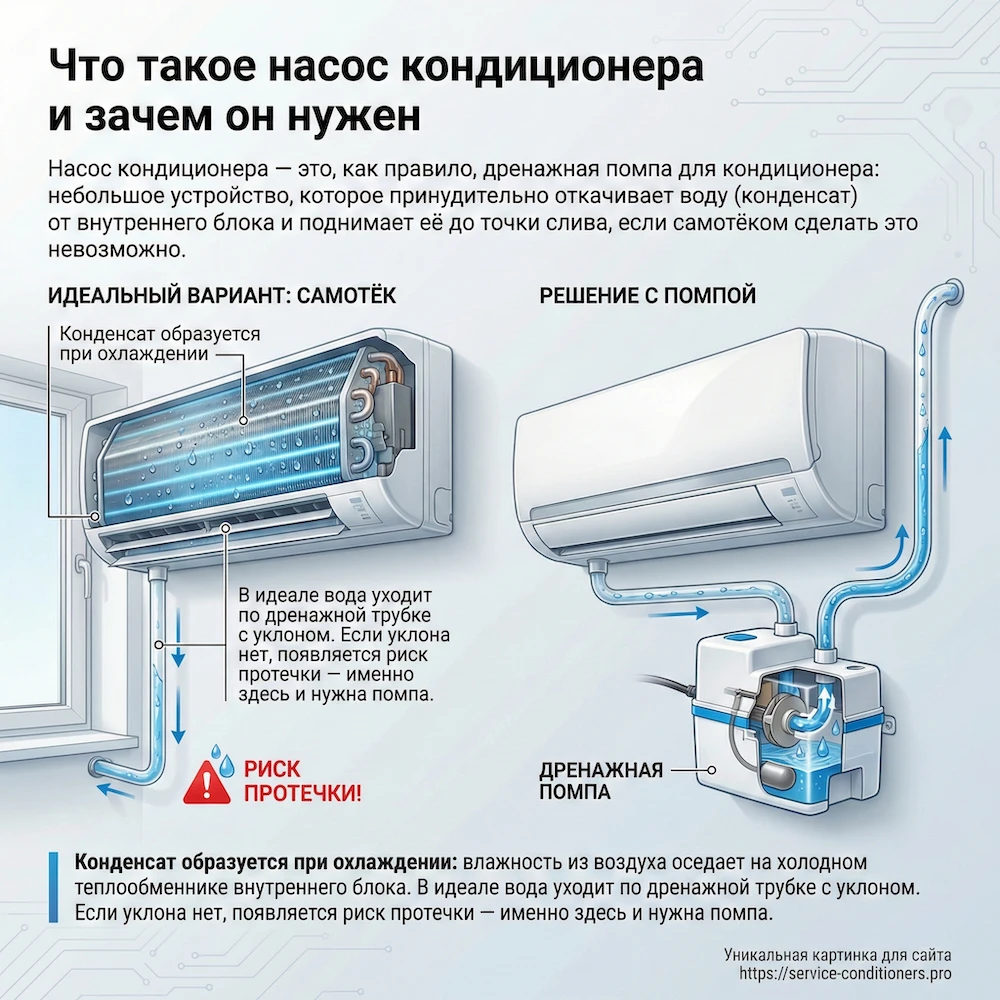 Когда нужен дренажный насос для кондиционера: типовые случаи в Москве Когда нужен дренажный насос для кондиционера: типовые случаи в Москве