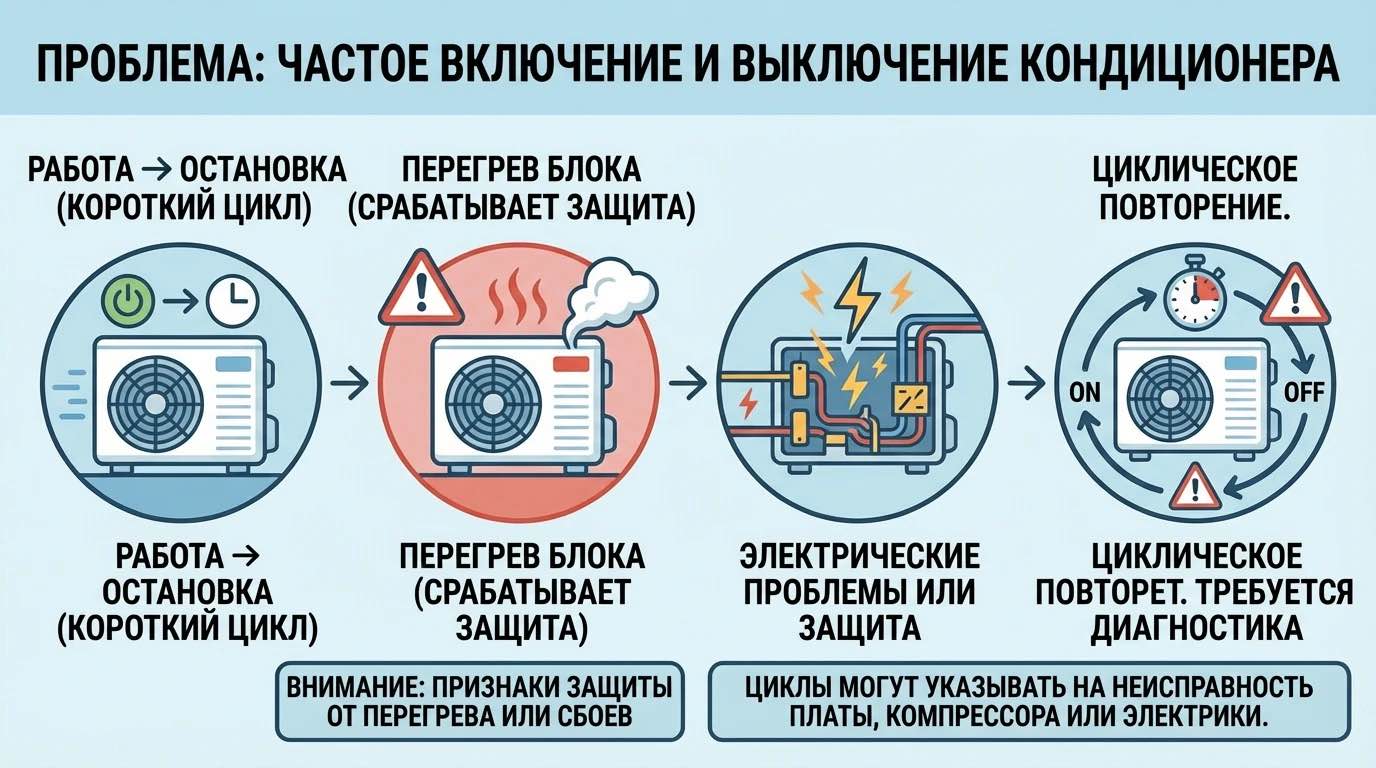 Иллюстрация: признаки защиты от перегрева и сбоя кондиционера