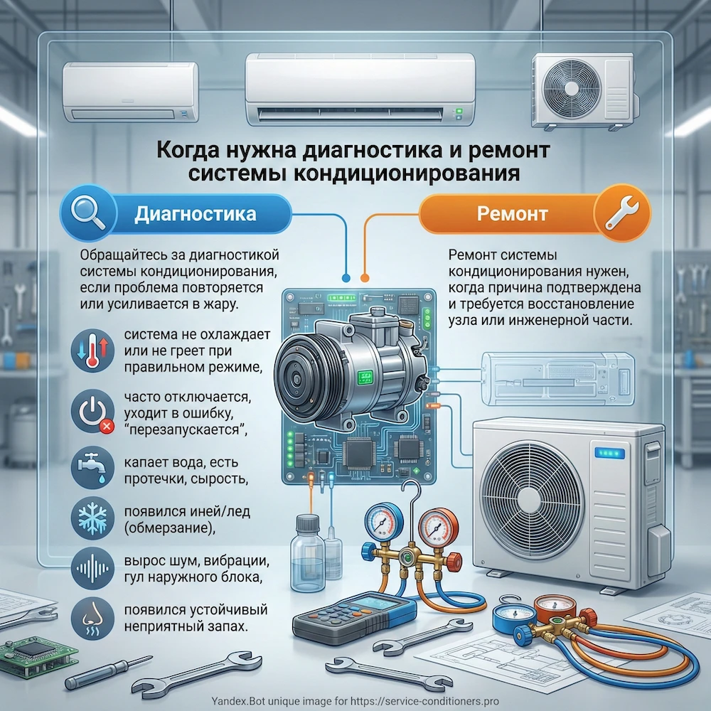 Когда нужна диагностика и ремонт систем кондиционирования