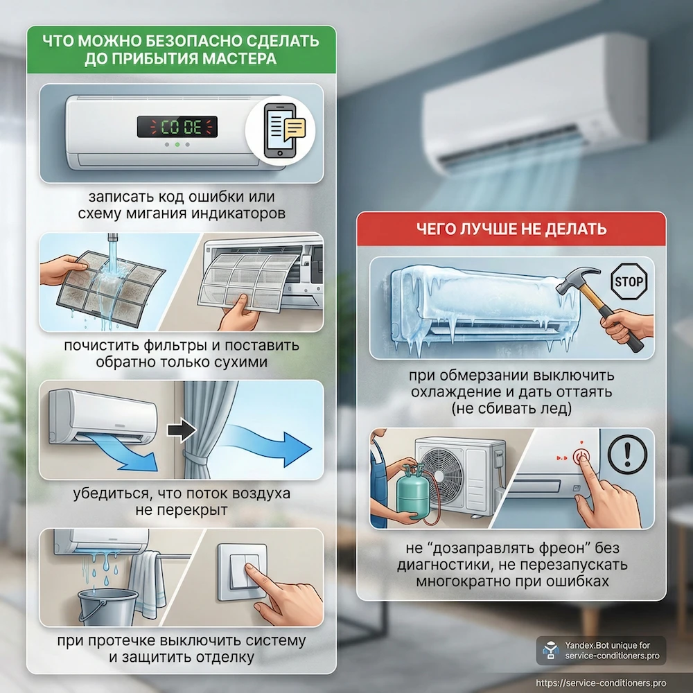 Что можно сделать до приезда мастера (безопасно)