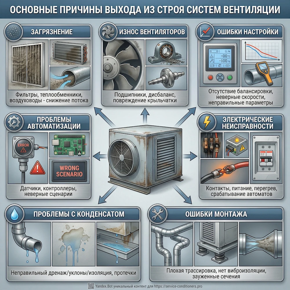 Причины поломок вентиляции и кондиционирования воздуха: загрязнение, вентиляторы, автоматика, электрика, конденсат
