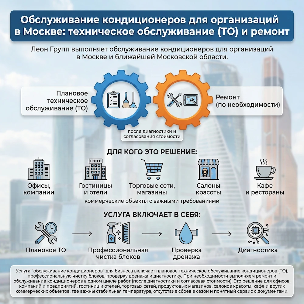 Обслуживание кондиционеров для организаций в Москве: техническое обслуживание (ТО) и ремонт