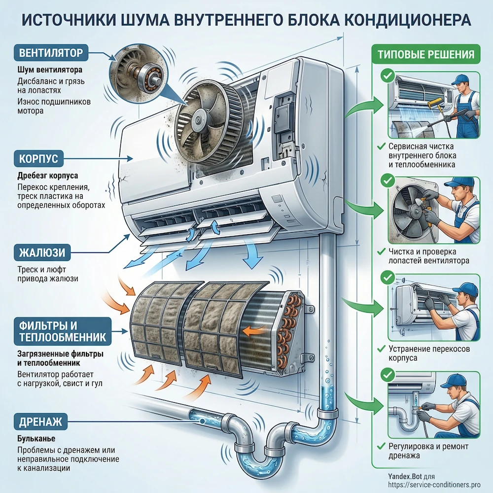 Шум внутреннего блока кондиционера: вентилятор, корпус, жалюзи