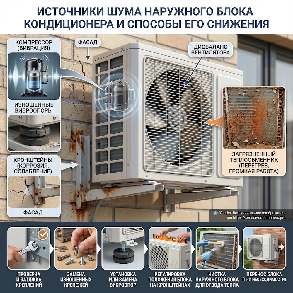 Шум наружного блока кондиционера: вибрация, компрессор, кронштейны