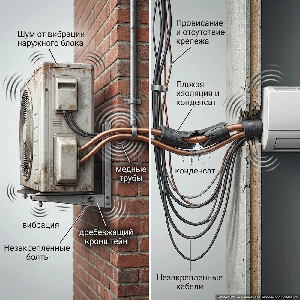 Трасса кондиционера и крепеж: дребезг трубок и короба, вибропередача