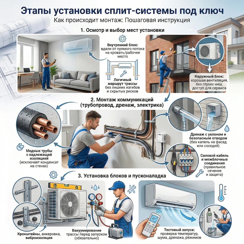 Как проходит установка сплит системы под ключ: этапы монтажа