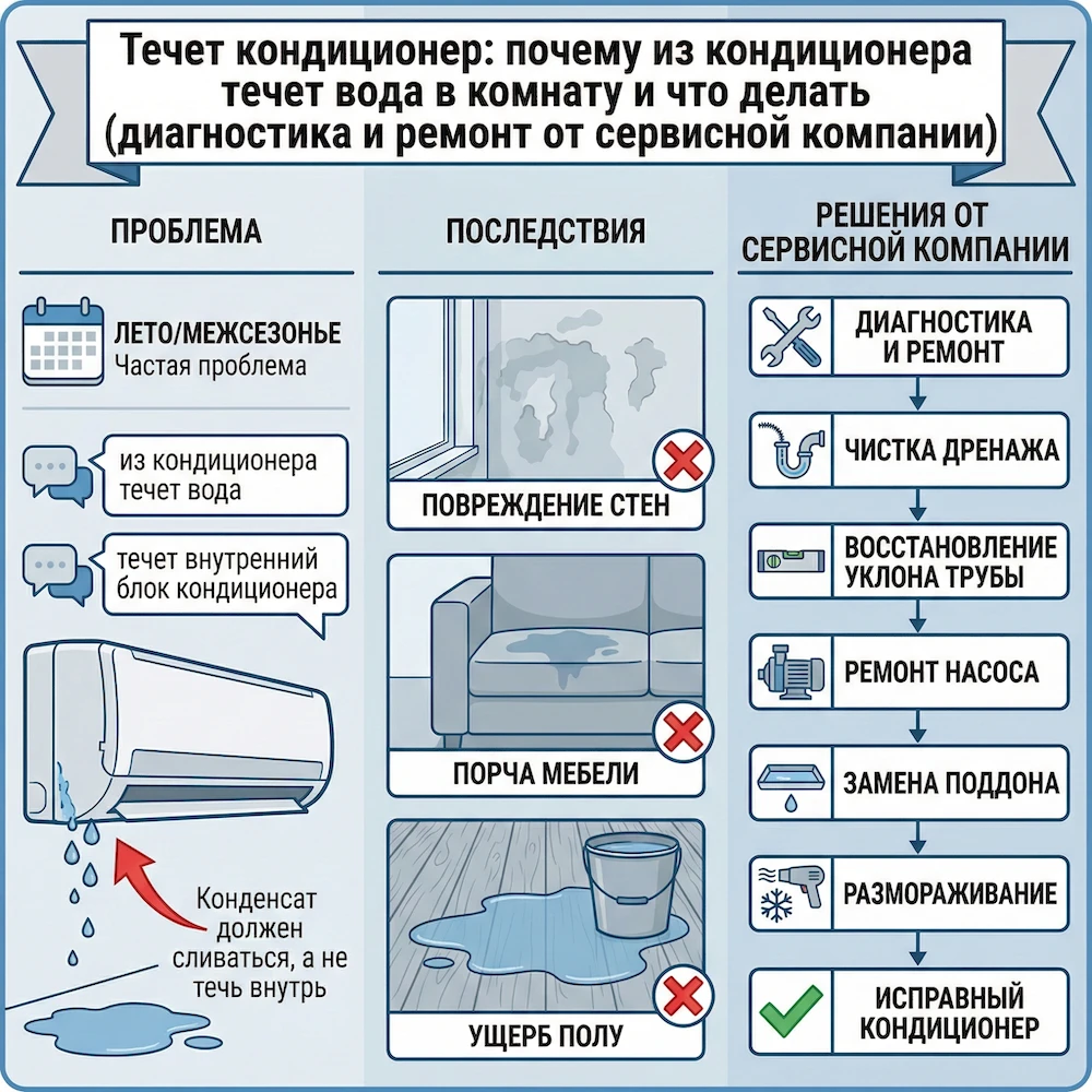 Течет кондиционер: почему из кондиционера течет вода в комнату и что делать 