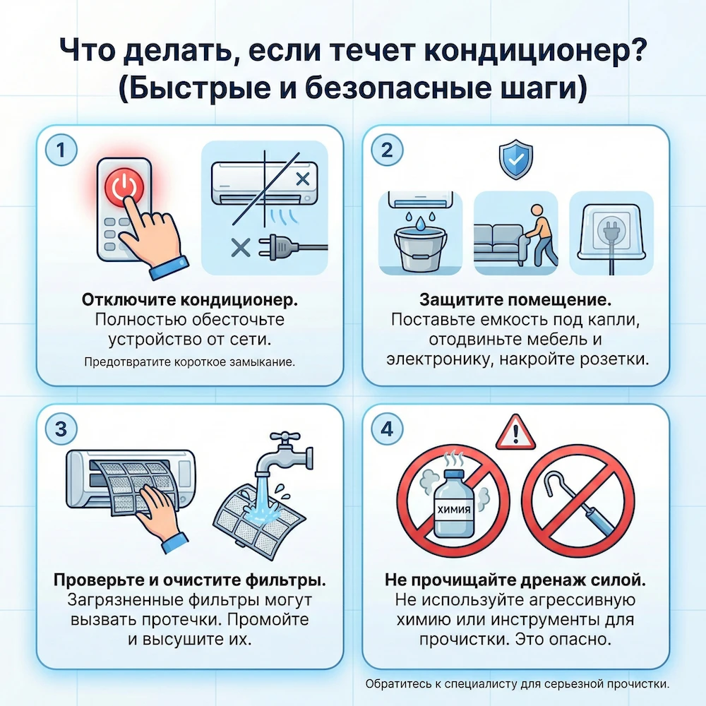 Что делать, если течет кондиционер (быстро и безопасно)